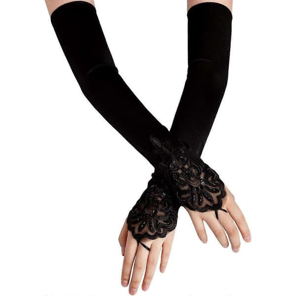 {YM}Lange sorte handsker med hæklet fingerbroderi syet med perler