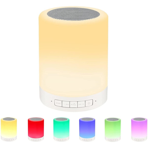Touch sänglampa med Bluetooth högtalare, bordsljus, 3 peklägen dimbar och 7 färger omkopplingsbar, vit