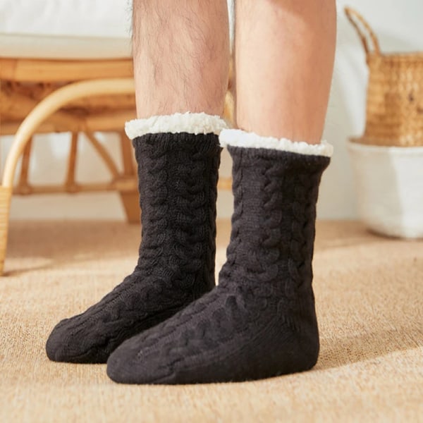 Thermal strumpor Herr Vinter varm Hem Mjuk Manlig Bomull Förtjockad Plus Sammet Sova Anti Skid Grip Kort Golv Slipper Sock black Euro size 39-45