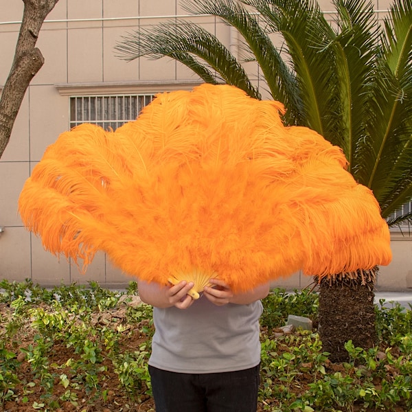 Læder pink strudsefjer vifte til håndfoldning fjer vifte performance danse vifter fest scene karneval show rekvisitter 60/100CM 11 orange 11 orange 1pcs