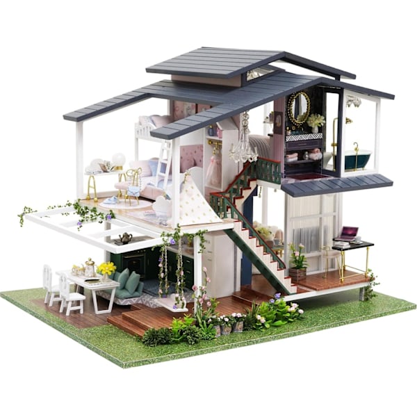 Miniatyr Dockhus Möbler Kit Trä LED Ljus Leksaksset Självmontering Colourful