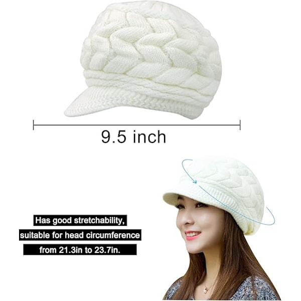 Vinterstrikket lue for kvinner med brem, svart hvit grå, elegant beanie med varm fleecefôr