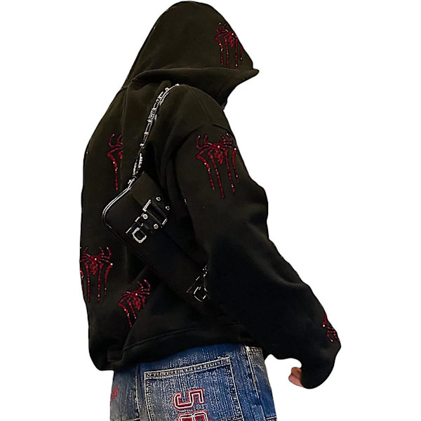 Strass Grafik Zip Up Hoodies för Kvinnor Oversized Y2k Skelett Tryck Tröja Goth Harajuku Jacka Punkgrunge Pullover Streetwear L