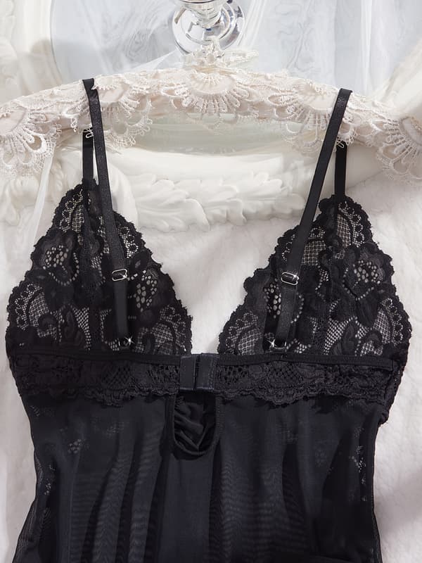 Sexig V-ringad spetsunderklänning för damer, alla årstider, med gratis stringtrosa Black M