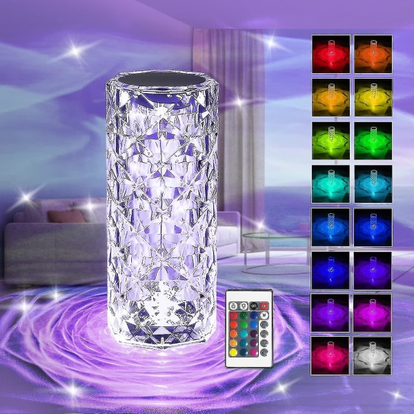 -dimbar kristallbordslampa 16 färger Rgb-fjärrkontroll Uppladdningsbar bordslampa USB laddningsport Alla hjärtans dag Kristalllampa för livet