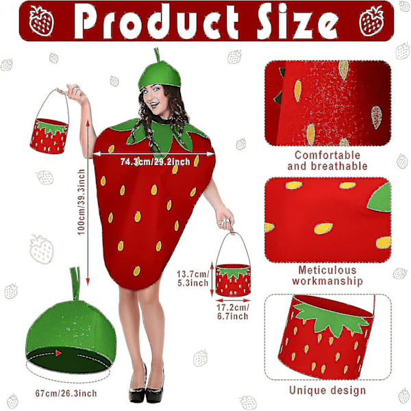 Halloween Jordgubbsdräkt För Kvinnor Män Söt Jordgubbs Halloween Kostymer För Vuxna Unisex Rolig Frukt Dräkt Set Med Hatt Och Väska För Fest