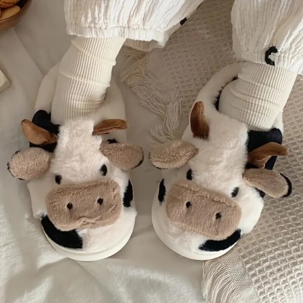 Tecknad dam Tecknad Cute Cow House Tofflor Varma Plus Fodrade Stängd Tå Fuzzy Home Slides Dam Fluffy Comfy Skor Vinter Höst Beige 36-37