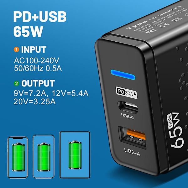 65W USB-C-lader Hurtiglader PD Hurtiglading 3.0 Veggtelefonadapter