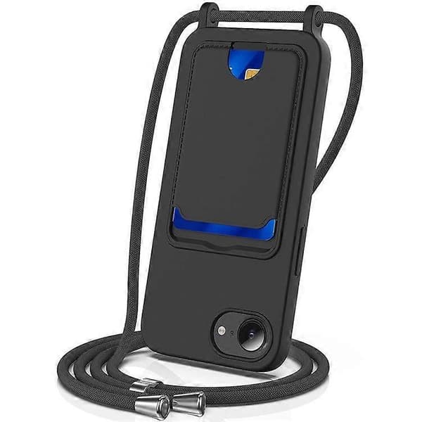 Flydende silikone etui med kortholder og lanyard til iPhone 16e Black