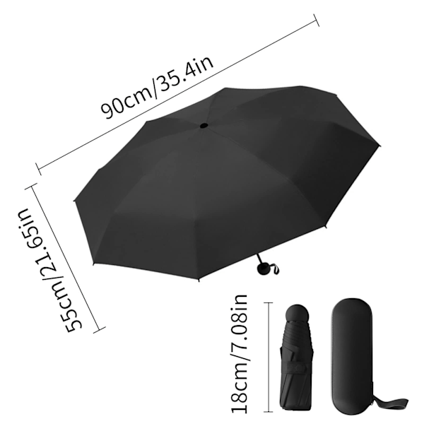 Rejsefoldesolskærm, 6 ribber Mini paraply Lille UV-paraply med kapseletui Hurtigtørrende og ultrakompakt foldesolskærm 90 x 55 cm, sort