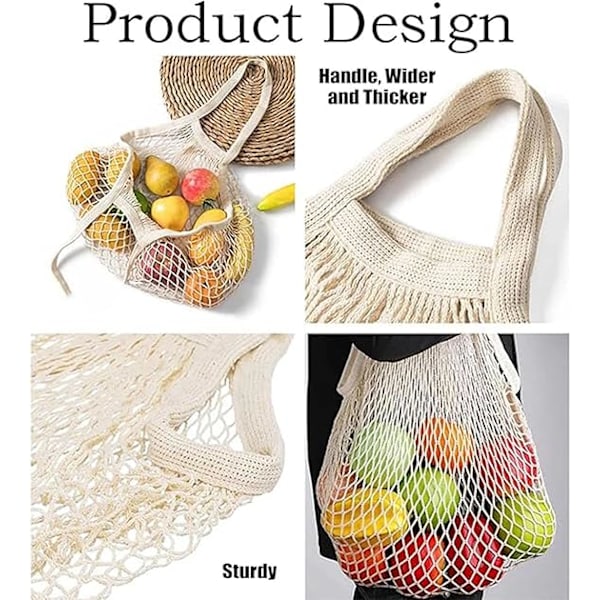 2 stk. nettinghandleposer, nettingposer, netting fruktposer, gjenbrukbare nettinghandleposer, beige