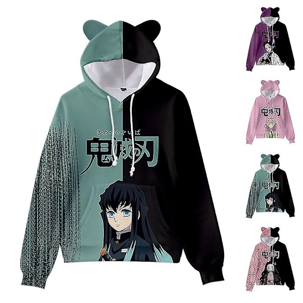 Unisex Demon Slayer Tryckt Hoodie Sweatshirt Casual Pullover Kattöron Hooded Tröja Toppar Grön S S Green