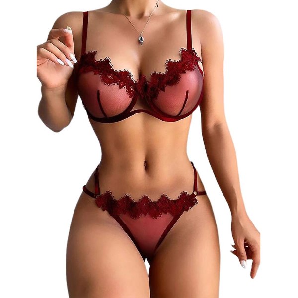 Sexiga underkläder för damer, set med genomskinlig BH, stringtrosor, erotiska nattkläder XL
