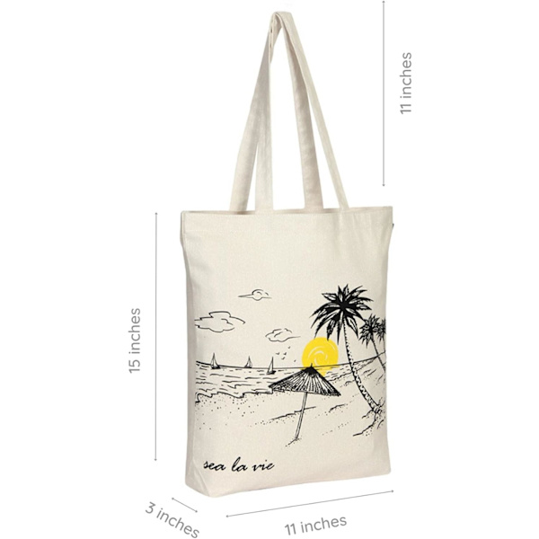 EcoRight 100% Økologisk Canvas Tote Bag med Lynlås, Miljøvenlige Små Tote Bags til Kvinder til Rejser, Strand & Shopping Sea La Vie Beach