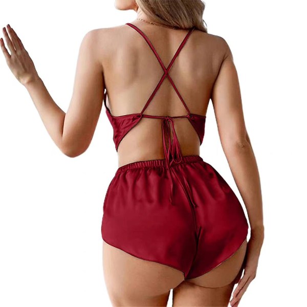 Dam Sling Vest Shorts Underkläder Nattkläder Pyjamas Set Wine Red M