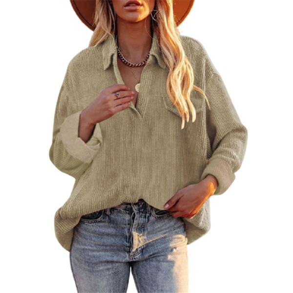 Dame Fløjlsbluse Langærmet Skjorte Oversized Jakke Toppe Løs Revers Bluse Efterårsudvalg Khaki L