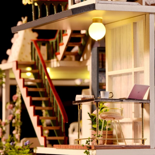 Miniatyr Dockhus Möbler Kit Trä LED Ljus Leksaksset Självmontering Colourful