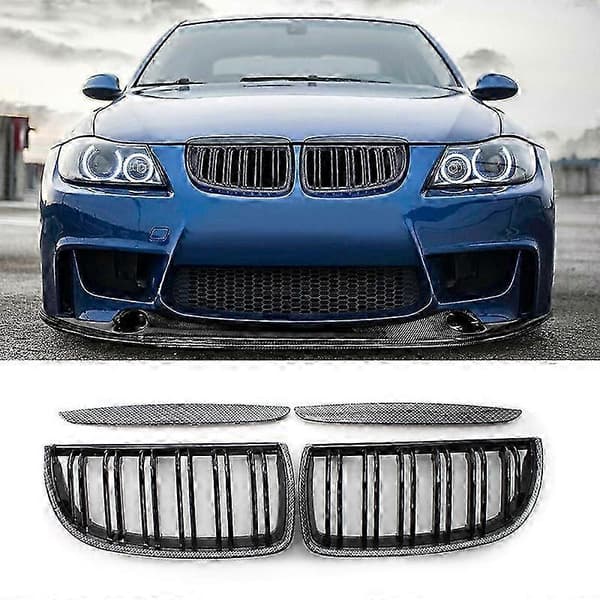 Bil Kulfiber Look Front Kidney Grille Dobbelte Lameller til 3-serie E90 E91 2005-2008