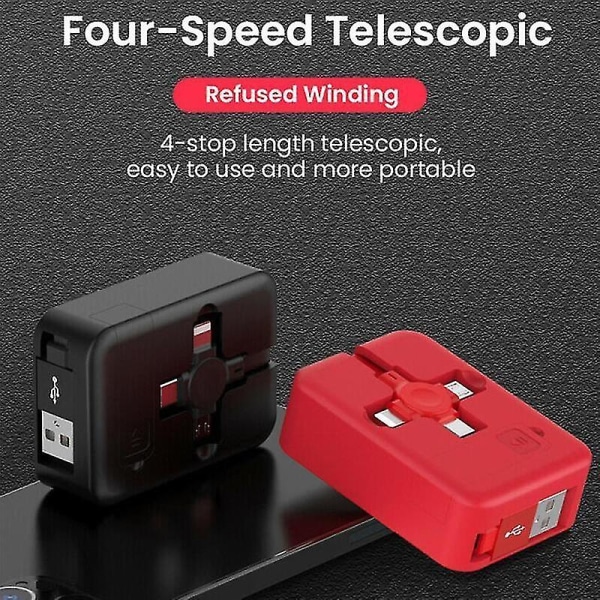 -4-i-1 Indragbar USB-laddningskabel Datakabel med Telefonstativ Typ C Micro USB-kabel Black