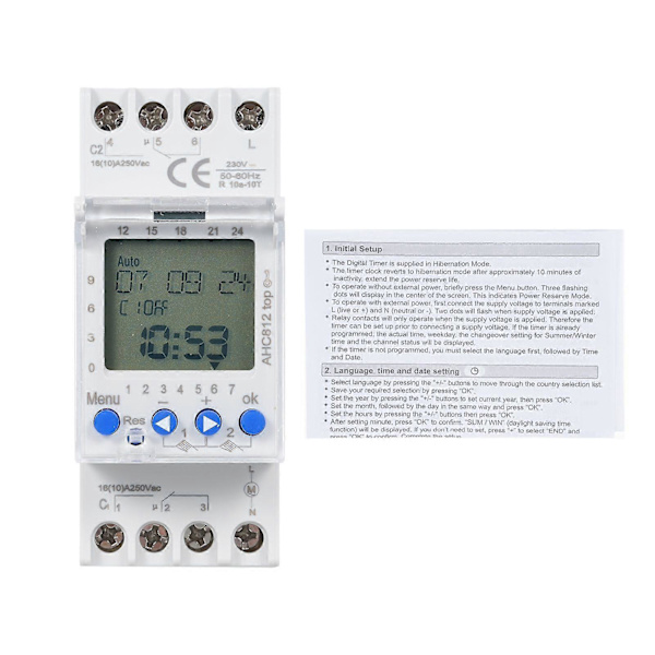 2-kanals timer programmerbar tidsbryter AHC812 230V 16A ukentlig program digital tidsbryter DIN-skinnefeste