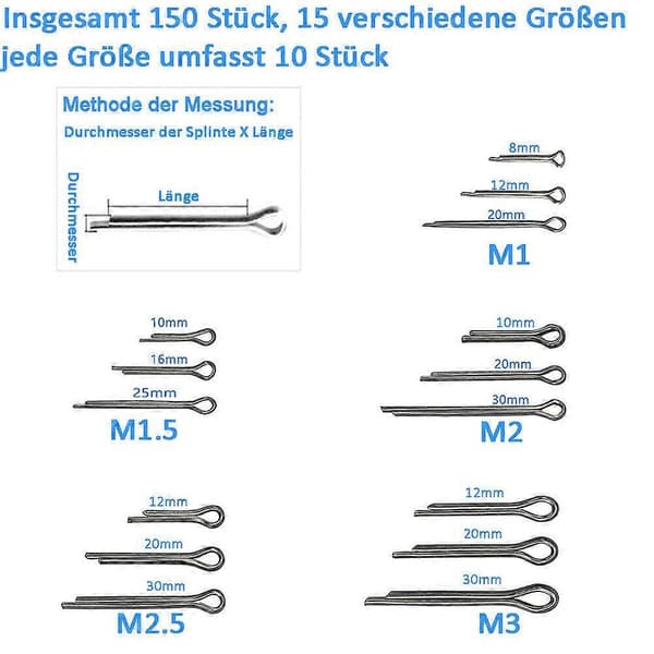 Låsesplintsortiment i rustfrit stål, 150 stk. lige splint, 150 stk. splintsortiment, låsesplint i rustfrit stål, lige