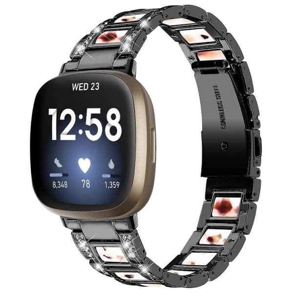 Urrem i harpiks med rustfrit stål og rhinstensdekoration til Fitbit Versa 4/Sense 2 Black Nougat Pattern