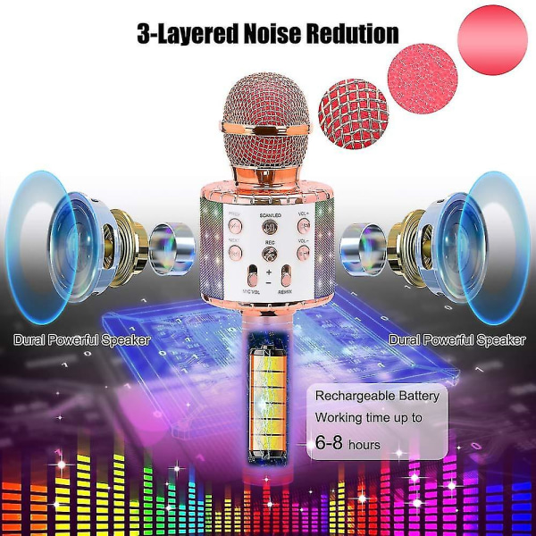 Trådlös karaokemikrofon Bluetooth handhållen bärbar högtalare Hem Ktv-spelare med dansande led-ljus Inspelningsfunktion för barn Rose Gold