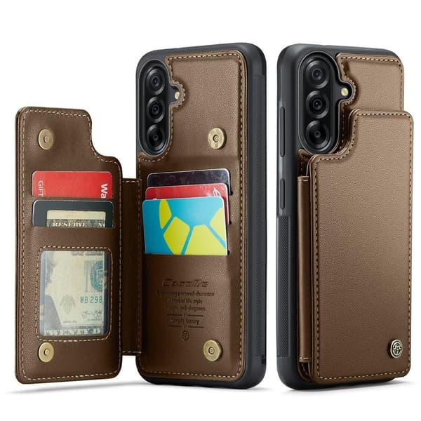 (For Samsung A56 5G) PU Leather Wallet Case with RFID Protection and Stand Function, 5 Card Slots, Double Magnetic Clasp brun