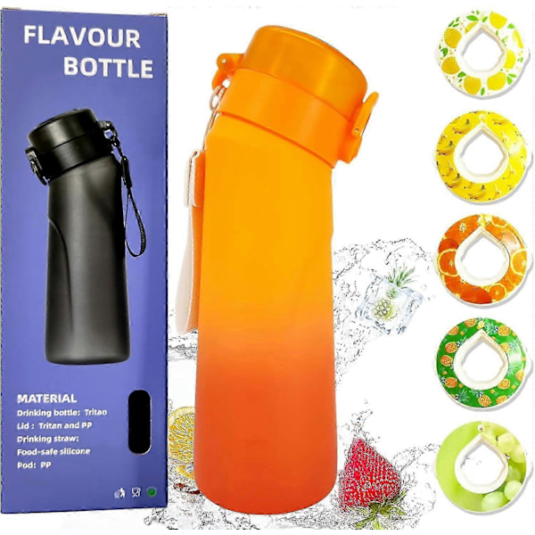 Luft Vandflaske med 5 Smagspuder, 750 ml Sports Luft Vandflaske med Sugerør, Lækagesikker Drikkeflaske med Frugtsmag til Udendørs Brug (LGL) Gradient Orange