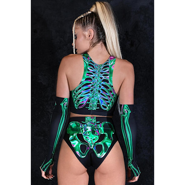 Sexig Skelettdräkt, Rave Halloween-dräkt, Halloween-dräkt för vuxna, Sexigt matchande set, Halloween 2-dels outfit, Halloween Rave-outfit S