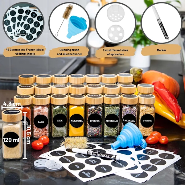 Set med 24 - DECO HAUS kryddburkar med bambulock - Diverse skaktillbehör, tratt, borste, etiketter & kritpenna - 120 ml, 10,5 x 4,3 cm