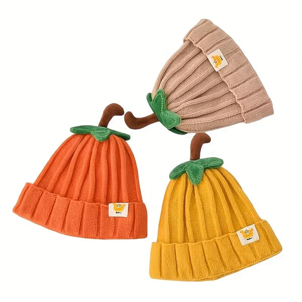 1 stk Vinterstrikket Beanie, Søtt Gresskardesign, Tykk og Varm Lue i Ensfarget, Heklet Pullover-lue. Orange