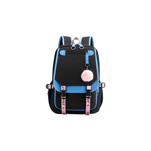 Liveasy21LS Pige Rygsæk Mellemskole Elevtaske med USB Opladningsport - Blå Sort black, white bag