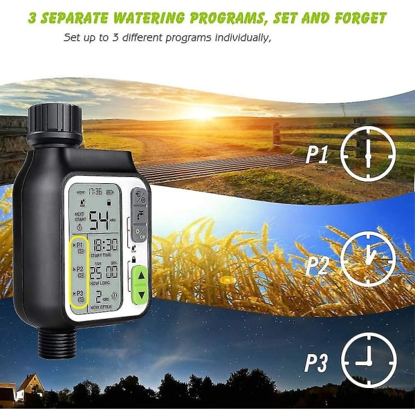 Automatisk Vattningstimer Med 3 Oberoende Vattningsprogram / Regnsensor Barnlås Läge Display Sprinklertimer