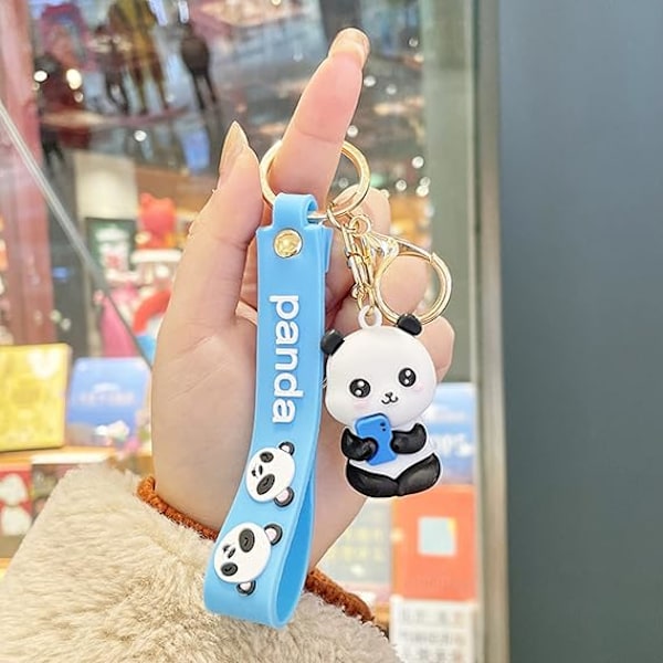 (Sininen) Söpö sarjakuva panda avaimenperä - Panda avaimenperä - Tyttölahja - PVC riipus mies - Auton avaimenperä
