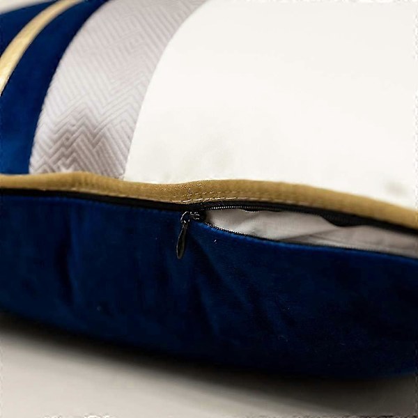Marinblå Vit Guld Läder Randig Patchwork Sammet Kuddfodral ... Navy Blue