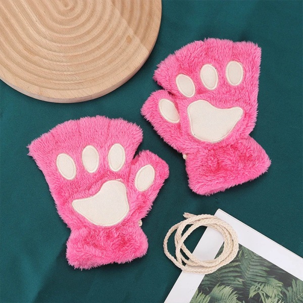 Kattasshandskar Vinter Söta Tecknade Kattflicka Öppna Fingerhandskar Förtjockade Fluffiga Björntass Halvfingerhandskar rose red One Size