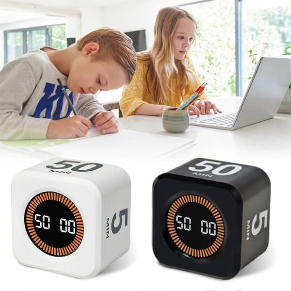 Digital Cube Pomodoro Timer - Visuell, Stille, Auto-flip, Justerbar Vibrasjon & Lydalarm White