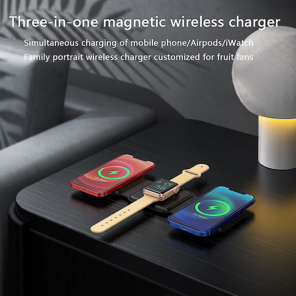 -trådlös laddningsplatta för iPhone Vikbar, kompakt 3 i 1 trådlös magnetisk tre-i-ett trådlös laddare Lämplig för Apple Watch Earphone Mobil White