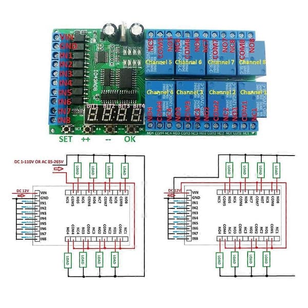 12V DC 8-kanals LED Digital Fördröjningstimer Relä Switch Modul Multifunktionell Cykel Tidsstyrning för Automationssystem