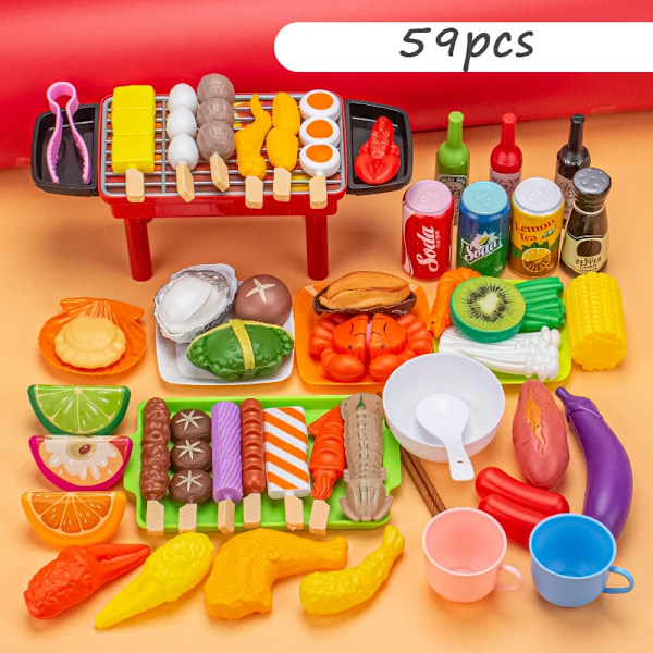 Barn Låtsaslek Kök Leksak Simulering Mat Grönsaker Grill Matlagningsset Pedagogiskt Lekhus Interaktiva Leksaker för Flicka A0002 P 59PCS