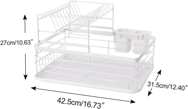 {YM}2-Tier Dish Drying Rack Kitchen Counter Plate Drainer Storage Organizer with Drain Board and Cutlery Holder - White White