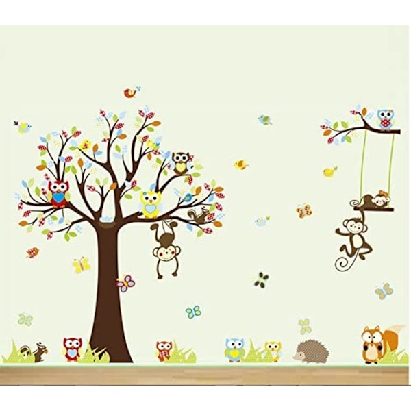 Väggdekal, väggsticker, vardagsrumsdekal, 234×150 cm, DIY, uggla, apa, träd