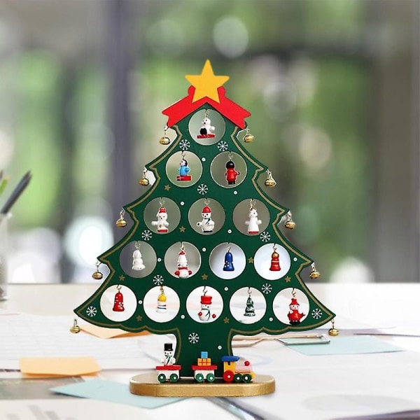 Träbordsskiva julgran med 15 miniatyrprydnad Återanvändbara löstagbara grannlåt för barn Presenter Noel Heminredning White