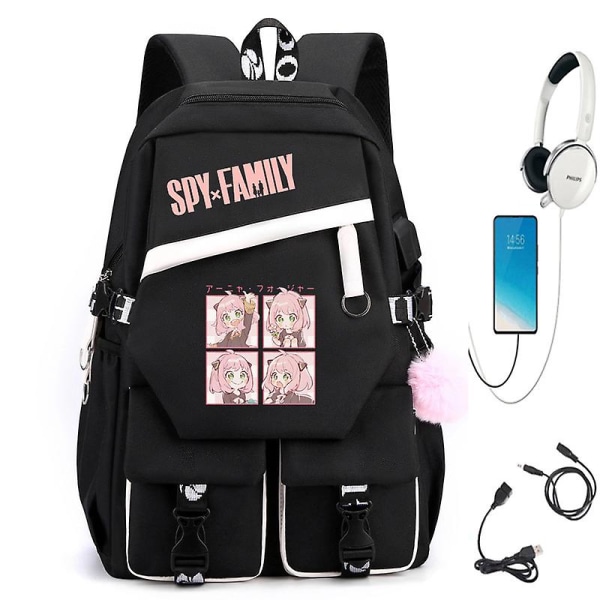 Kvinnlig Spy Play House Anime Skolväska Multifunktionell USB-ryggsäck med stor kapacitet USB datorväska