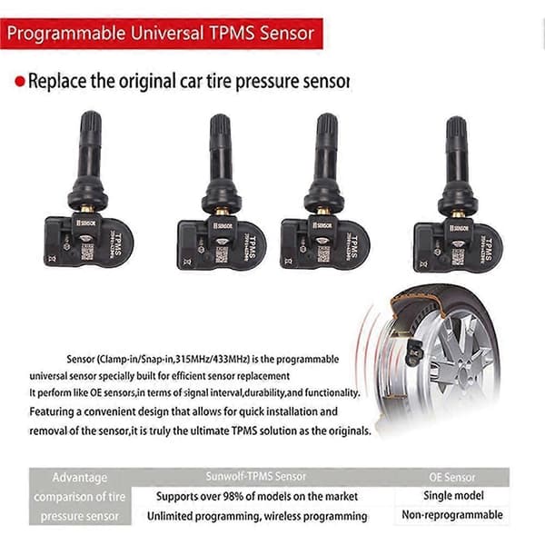 4 st Programmerbara MX-sensorer för TS408 TS508 ITS600 TPMS Däcktryckssensor 433MHz 315MHZ 2 i 1 S Black