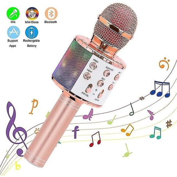Trådlös karaokemikrofon Bluetooth handhållen bärbar högtalare Hem Ktv-spelare med dansande led-ljus Inspelningsfunktion för barn Rose Gold