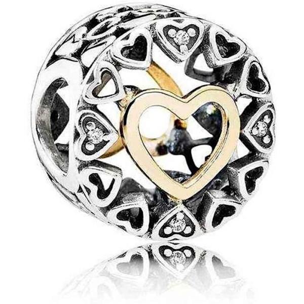 Charm - Pandora - Circle of Openwork Love - 925 Sølv - 585 GULD - Cubic Zirconia Silverfärgad, gyllene