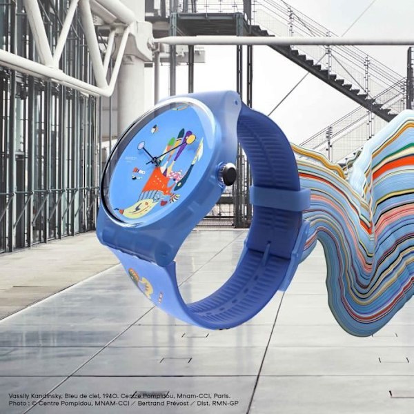 Miesten silikoni/muoviranneke - SWATCH - Swatch Blue Sky kello, valmistaja Vassily Kandinsky - Materiaalin väri: Sininen Kvartsrörelse