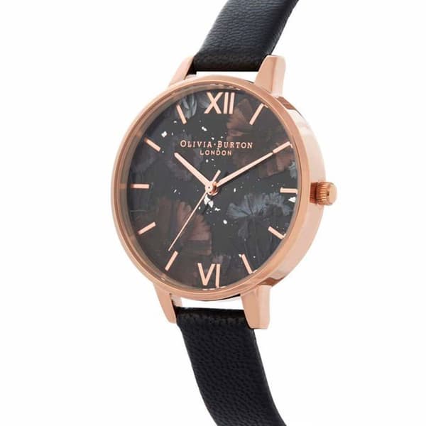 Analogisk ur til kvinder - Olivia Burton - OB16GD22 - Sort læderrem - Kasse i rustfrit stål - Diameter 34 mm